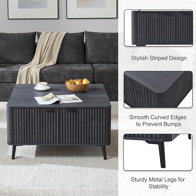 Lift Top Coffee Table with Storage, 35.4" Wide Square Black Coffee Table with Large Hidden Compartment, Mid Century Modern Fluted Center Table for Home Living Room, Balck Grey