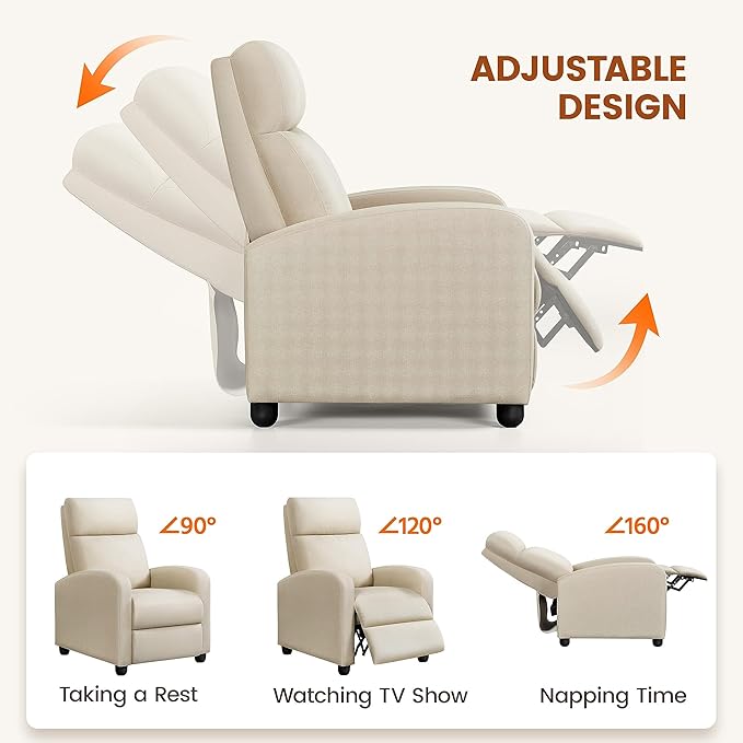 Topeakmart Fabric Recliner Sofa Push Back Recliner Chair Adjustable Modern Single Reclining Chair Upholstered Sofa with Pocket Spring Living Room Bedroom Home Theater Beige