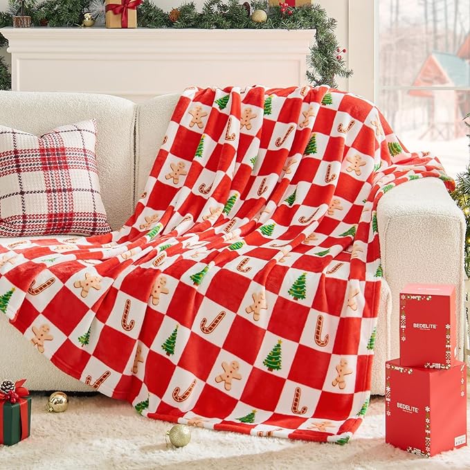 BEDELITE Christmas Throw Blanket ?€? Red and White Checkered Holiday Blanket with Gingerbread Man, Candy Cane & Christmas Tree Pattern, Soft Warm Fleece Christmas Blanket for Home D??cor & Gift, 50"x60"