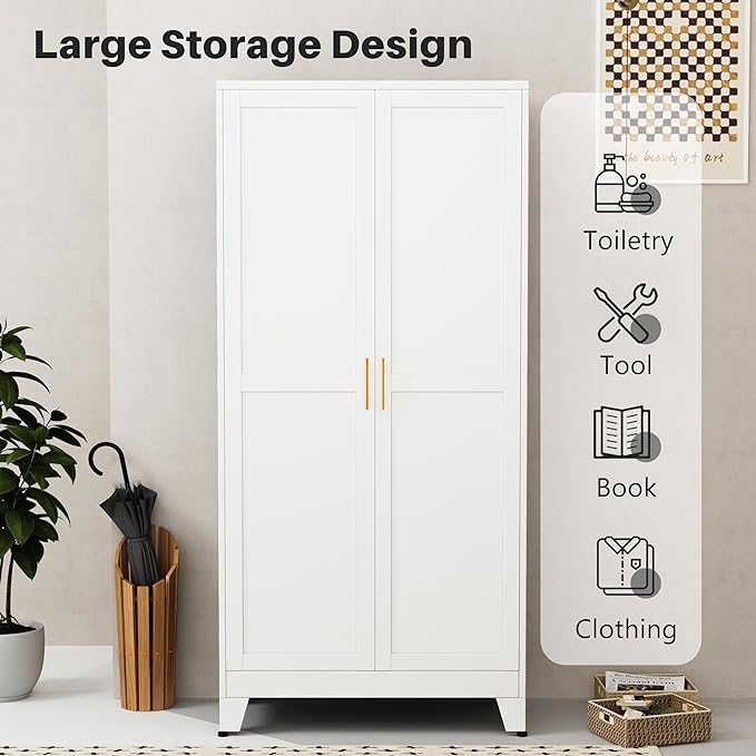 winiowa Metal Armoire Wardrobe Closet with 2 Doors, 71" Wardrobe Cabinet with Adjustable Shelves and Hanging Rod, Clothing Storage Cabinet Closet for Bedroom-White