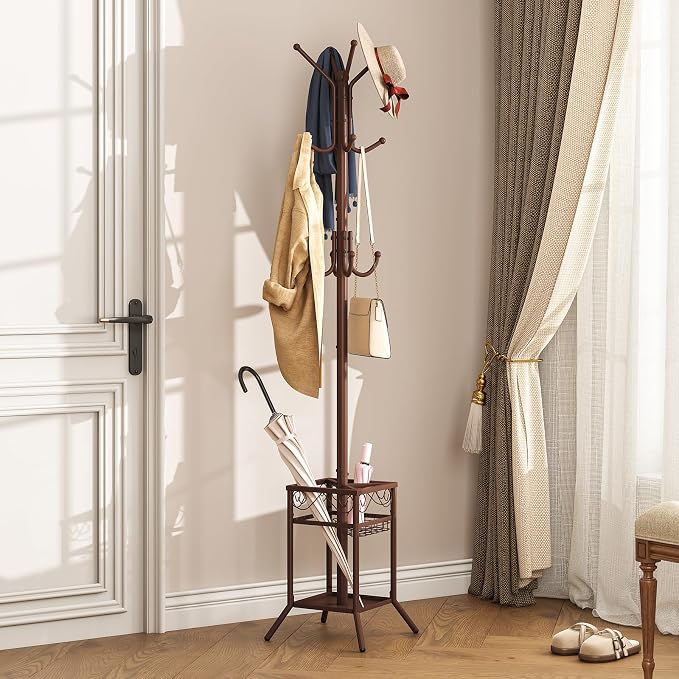 ELYKEN Coat Rack Freestanding, Metal Coat Rack Stand with Umbrella Holder, Modern Coat Tree with 12 Hooks, Floor Standing Corner Hall Tree for Entryway Living Room Bedroom Office, Brown - Image 2