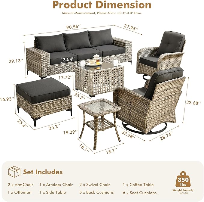Patio Furniture Set, 8 Pieces Outdoor Wicker Conversation Sets with 2 Wicker Rocking Chair & Coffee Table Outdoor Sectional Sofa for Balcony Backyard Garden Lawn (Black)