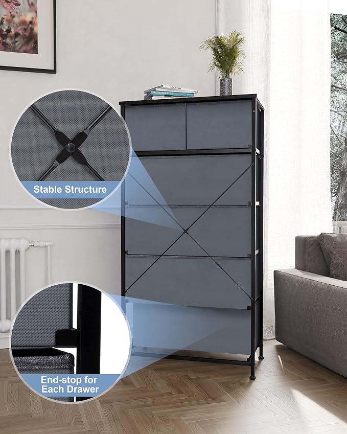 Crestlive Products Vertical Dresser Storage Tower - Sturdy Steel Frame, Wood Top, Easy Pull Fabric Bins, Wood Handles - Organizer Unit for Bedroom, Hallway, Entryway, Closets - 6 Drawers (Gray) - Image 7