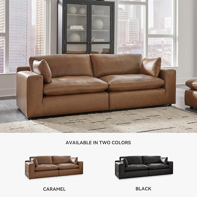 Signature Design by Ashley Emilia Modern Leather Match 2-Piece Sectional Loveseat with Loose Back Cushions and 2 Bolster Pillows, Light Brown