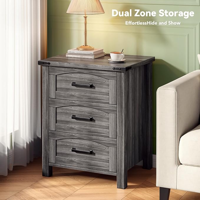 Decofy Farmhouse Nightstand Set of 2 with Charging Station, 18'' Wide Rustic End Table with USB/Type-C Ports, 3 Drawers, Wood Bedside Table for Bedroom, Grey Oak - Image 6