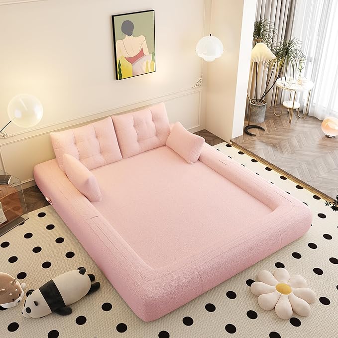 78.7" Convertible Sofa Bed, 3-in-1 Folding Floor Couch with 4 Pillows, Sleeper Sofa for Living Room and Guest Bed, No Assembly Required (Pink, Teddy Fabric)