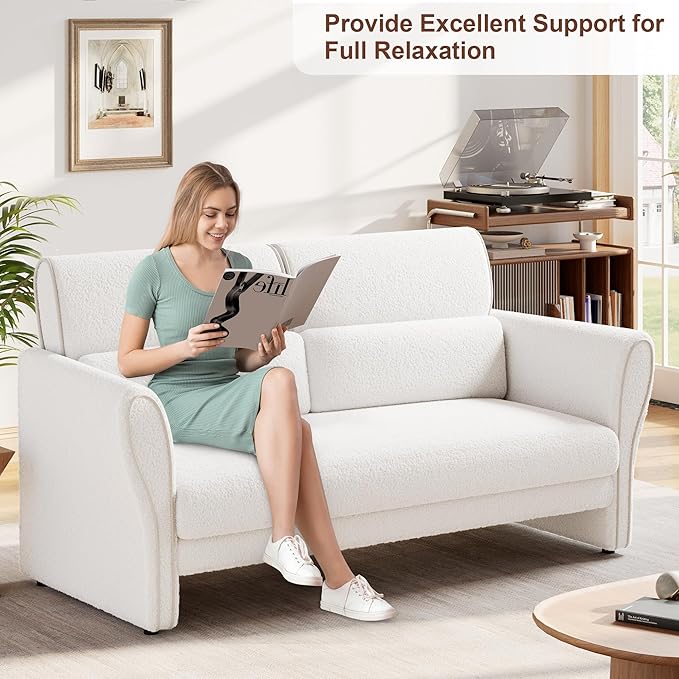IDEALHOUSE Couches for Living Room, 57" Loveseat Sofa, Modern Boucle Small Couch with High Backrest and Removable Lumbar Pillows, Easy Assembly, Upholstered Comfy Sofa for Bedroom Office, Ivory