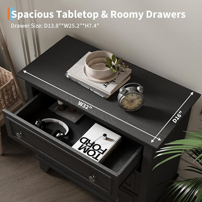 GAOMON 3 Drawer Dresser for Bedroom, Black Wood Chest of Drawers Bedroom Dresser, Rustic Small Drawers Dressers Nightstand Wooden Closet Storage Cabinet for Living Room - Image 5