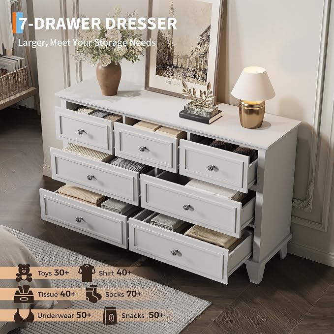 GAOMON White Dresser, 7 Drawer Dresser for Bedroom, Chest of Drawers with Deep Drawers, Closet Dressers with Metal Handle, Thickened Desktop, Wood Rustic Drawers for Hallway, Entryway, Closet - Image 4