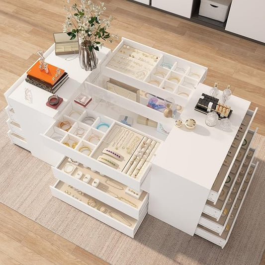 Armoire Bedroom Island Wardrobe Closet Island with 14 Drawers & Glass Tabletop, Island Dresser with Jewelry Organizer, Island for Bedroom Cloakroom White (63”W x 31.5”D x 31.5”H)