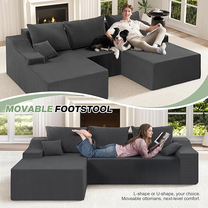 HABUTWAY 94“ U Shaped Modular Sectional Couch for Living Room, Modular Cloud Sofa with Ottoman, No Assembly Boneless Couches with Deep Seat, Corduroy Fabric (Grey, Left Facing)