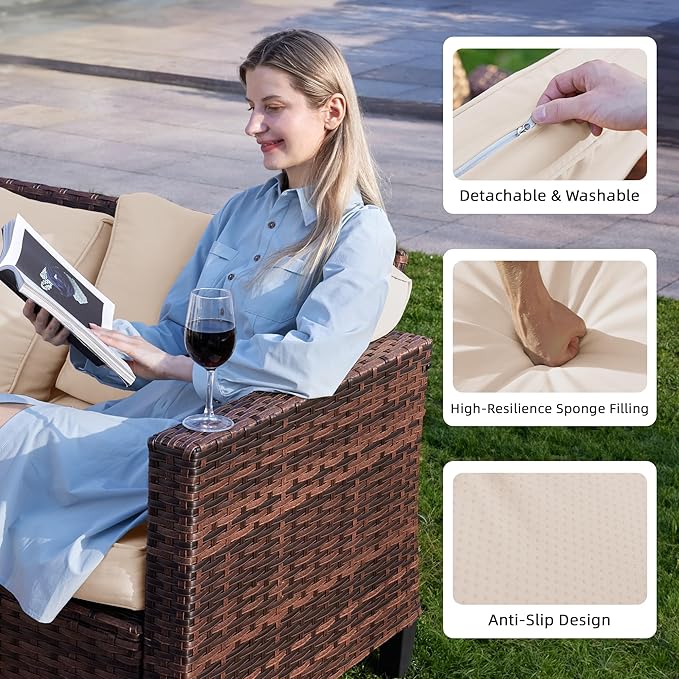 UDPATIO Patio Furniture Set, 5 Pieces Outdoor Conversation Sets with Rocking Swivel Chairs, Wicker Rattan Outdoor Sofa Set with Storage Table and Waterproof Covers for Backyard, Deck, Porch, Khaki