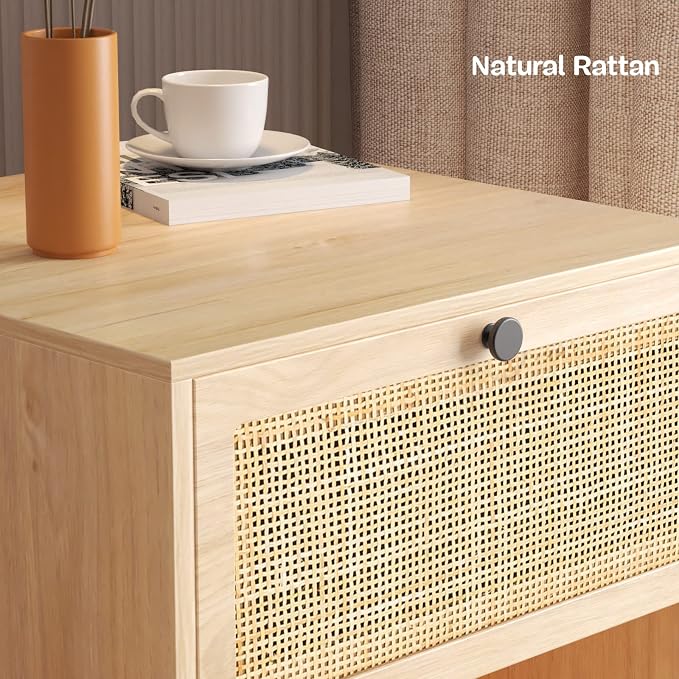 Yechen Set of 2 Rattan Nightstands with Drawer & Open Shelf, Boho Bedside Table with Natural Cane, Wood End Table with Metal Legs for Bedroom, Small Spaces, Natural Oak - Image 4