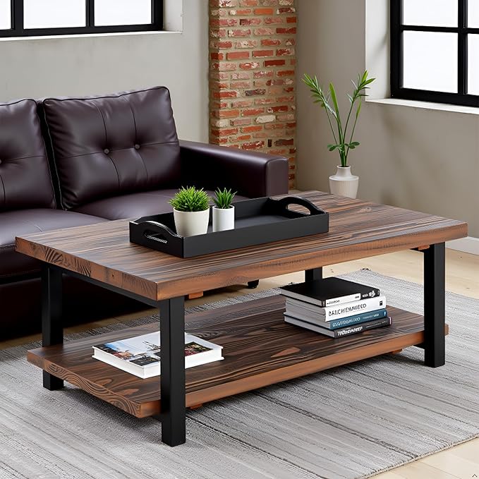 Alaterre Furniture Pomona Living Room Tables – 48 Inch Rectangular Solid Wood Coffee Table with Storage Shelf & Metal Legs – Rustic Industrial Farmhouse Large Living Room Table (Rustic Brown)