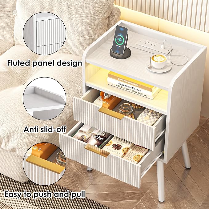 Fixwal White Fluted Nightstand with Charging Station, LED Night Stand with 2 Wood Drawers for Bedroom, Modern Bedside Table, 15.7 x 11.8 x 25.6in - Image 3
