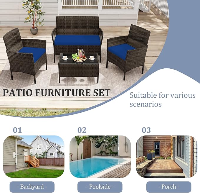 KOTEK 4 Piece Patio Furniture Set, Outdoor Rattan Conversation Set with Loveseat, Wicker Chairs, Tempered Glass Coffee Table, Wicker Patio Set for Backyard, Porch (Navy)