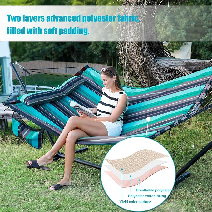 TegerDeger 12FT 2 Person Hammock Large Hammock 450LB Capacity with V Shaped Hardwood Spreader Bar & Nylon Rope for Outside, Patio, Garden, Backyard, Beach, Poolside - Teal Stripes - Image 5