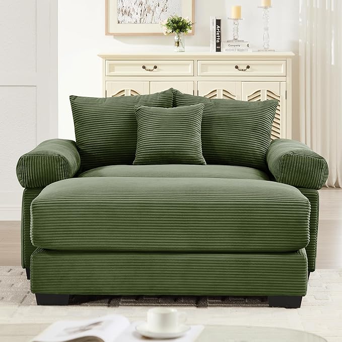 KEIKI 54" Oversized Corduroy Modular Sectional Single Sofa with 1 Ottoman, High-Density Foam Cushions, Extra-Thick Armrests, Modern 1-Seater Lounge Accent Chair with 3 Pillow, for Living Room, Green