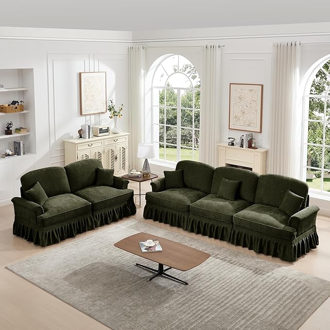 KEIKI Mid Century Modular Sofa with Flared Arms and Skirted Design, 107” Oversized 3-Seater Loveseat Luxury Chenille Sectional Couches Set for Living Room, Soft Sofa and Loveseat Furniture Set, Green