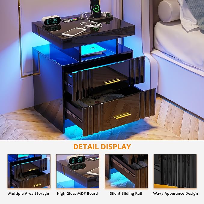 Nightstand with Charging Station, Black LED Night Stand with 2 Drawers, High Gloss Bedside Table with Auto Sensor 24-Color Lights/Wireless/Type-C/USB Charging for Bedroom - Image 6