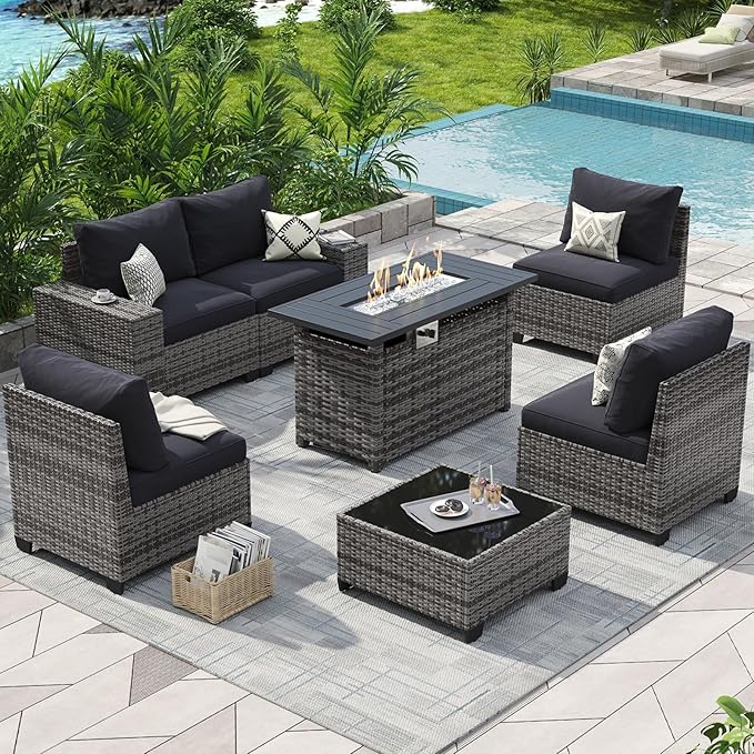 Aoxun Outdoor Patio Furniture Set with 44'' Fire Pit Table, 7 Pcs Outdoor Patio Furniture Sets with 4in Thicken Cushion, Widen Armrests Wicker Outdoor Sectional for Backyard (Waterproof Cover Include)