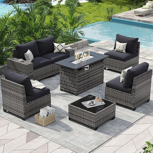 Aoxun Outdoor Patio Furniture Set with 44'' Fire Pit Table, 7 Pcs Outdoor Patio Furniture Sets with 4in Thicken Cushion, Widen Armrests Wicker Outdoor Sectional for Backyard (Waterproof Cover Include)