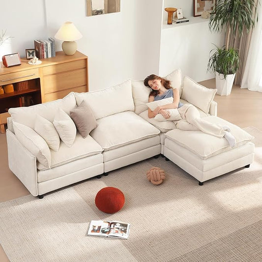 Vesgantti 108" Modular Sectional Sofa, Comfy Cloud Couch with Movable Ottoman Deep Seat Chenille L Shaped Modular Sofa, Sectional Couches for Living Room, Bedroom and Apartment, Beige White