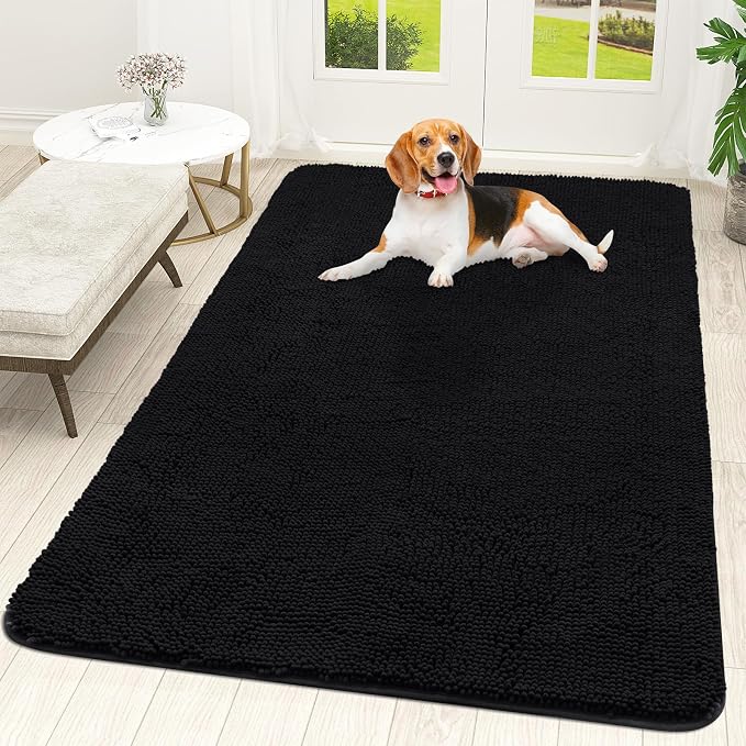 OLANLY Dog Door Mat for Muddy Paws 70x46, Absorbs Moisture and Dirt, Absorbent Non-Slip Washable Doormat, Quick Dry Chenille Mud Mat for Dogs, Entry Indoor Entryway Carpet for Inside Floor, Black by OLANLY
