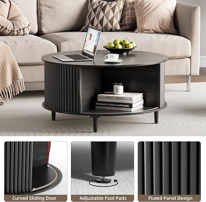 Round Coffee Table with Storage, 31.5" Modern Coffee Table with Sliding Door & Solid Wood Legs, Minimalist Fluted Center Table for Living Room, Home Small Space, Black