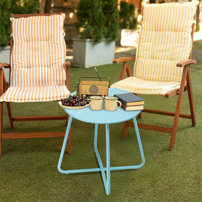 danpinera Outdoor Side Tables with Flower Cut Outs, Weather Resistant Steel Patio Side Table, Small Round Outdoor End Table Metal Side Table for Patio Yard Balcony Garden Blue - Image 9