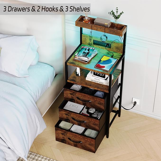 SZLHANJZ Night Stand, Nightstand with Charging Station, 3 Drawers Night Stand with Storage and LED Lights, 3 Shelves and Hooks, End Side Table for Bedroom, Rustic Brown - Image 7