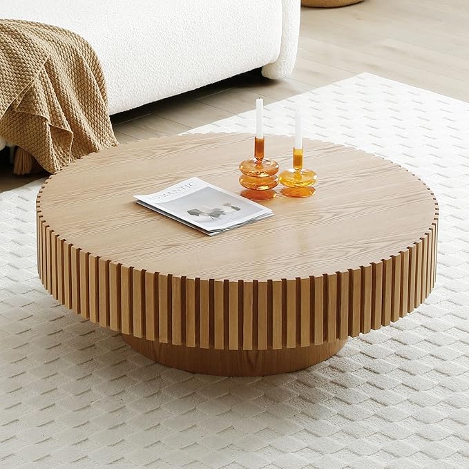 WILLIAMSPACE 31.49" Oak Round Coffee Table, Modern Luxury Wood Circle Drum Center Table for Living Room, Accent Side Table End Table for Apartment, ø31.49'' x 13.77''H (Oak)