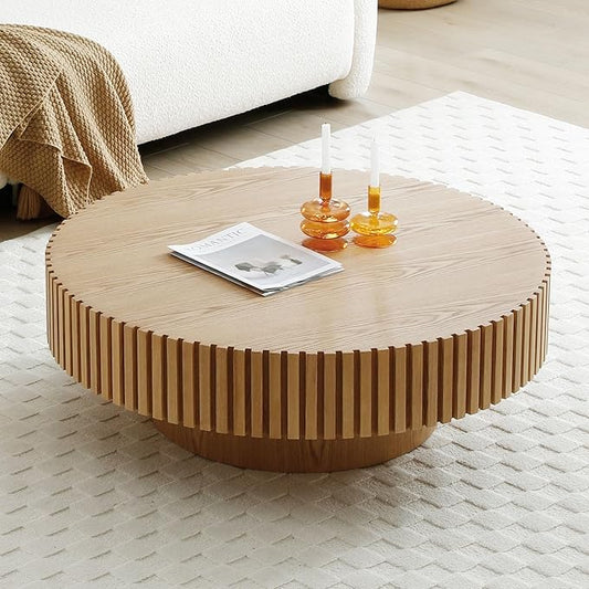 WILLIAMSPACE 31.49" Oak Round Coffee Table, Modern Luxury Wood Circle Drum Center Table for Living Room, Accent Side Table End Table for Apartment, ø31.49'' x 13.77''H (Oak)