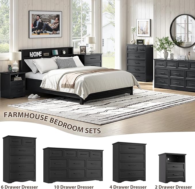 Bedroom Set, 3 Pieces Bedroom Furniture Set, Wood 6 Drawer Dresser and Nightstands with Charging Station, Farmhouse Storage Organizer Cabinet for Bedroom, Black