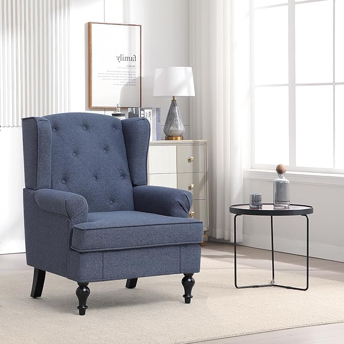 Accent Chair for Living Room, Mid Century Modern Upholstered Armchair, Wingback Chair with Tufted High Back and Solid Legs, Comfy Single Sofa Side Chairs for Bedroom, Blue