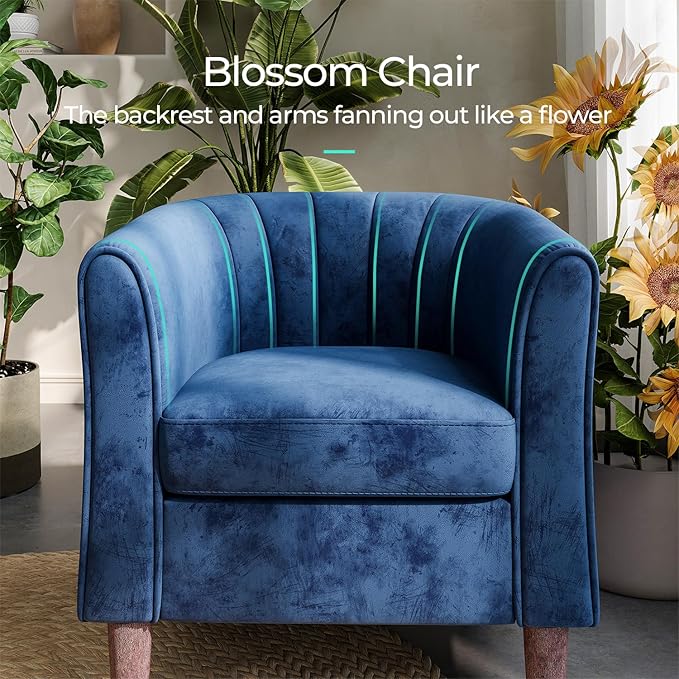 LINSY Accent Chair with Ottoman, Modern Barrel Chair Comfy Armchair Reading Chair with Footrest, Round Arms Chair for Living Room Bedroom Reading Room, Velvet, Blue