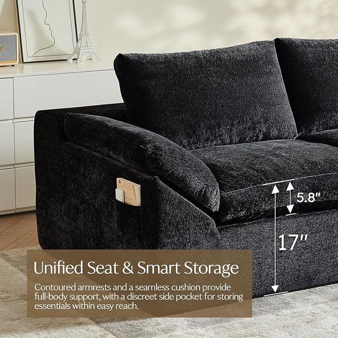 Vamcheer U Shaped Cloud Couch - Utra Soft Modular Sectional Sofa with 2 Movable Ottoman, Deep Seat Boneless Couches for Living Room, Bedroom, Office, No Assembly Required, Black
