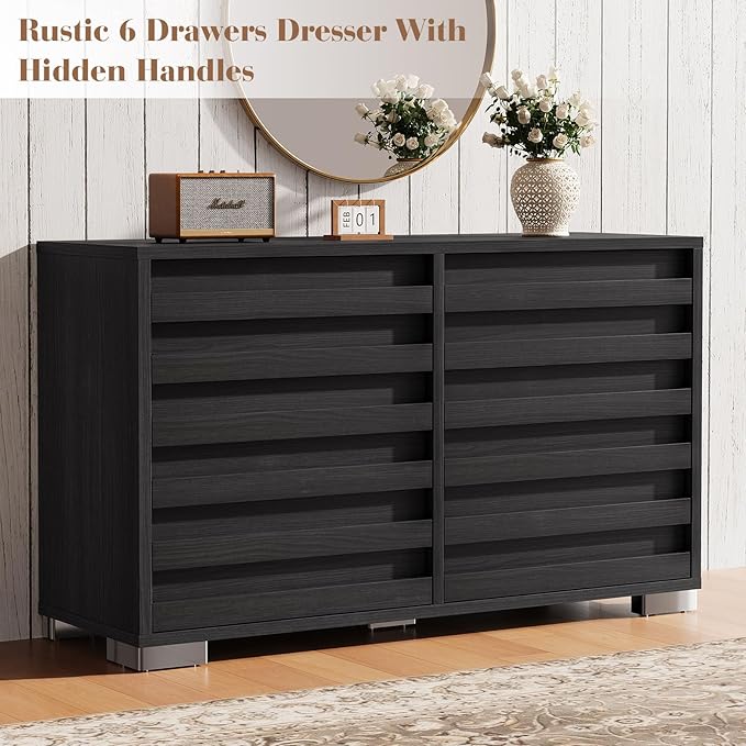 LUXOAK 3 Pcs Bedroom Furniture Set - Includes Farmhouse 6 Drawer Dresser and Nightstand Sets of 2 with Charging Station, Slated Handles & Stainless Steel Feet, Black