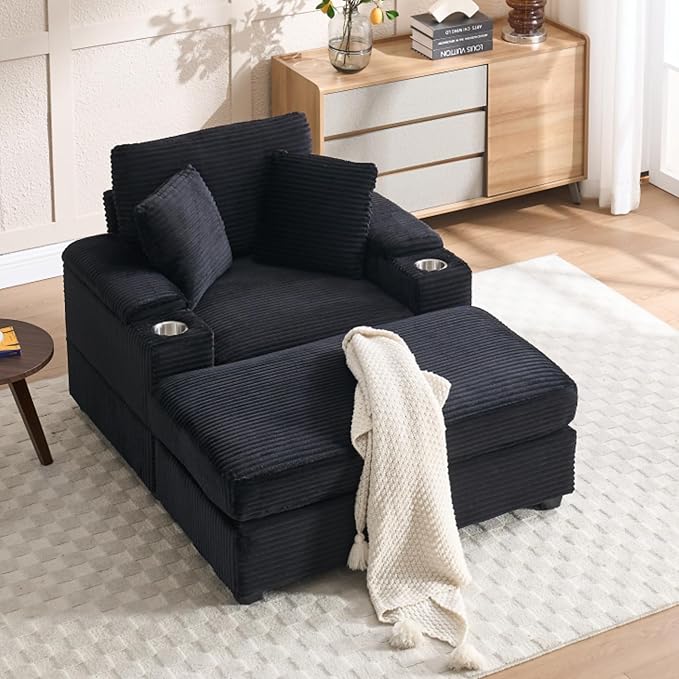 KEIKI Oversized Accent Chair with Ottoman, Chaise Lounge Chair Indoor with Handrail Storage, Cupholders, Oversized Sofa Bed, Deep Seat Sleeper Couch Reading Chairs for Living Room, Black