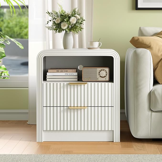 Decofy Fluted Nightstand with Charging Station, 19.7'' Wide Morden End Table with USB/Type-C Ports, 2 Drawers & Open Shelf, Curved Profile Design, Wood Bedside Table for Bedroom (White) - Image 6