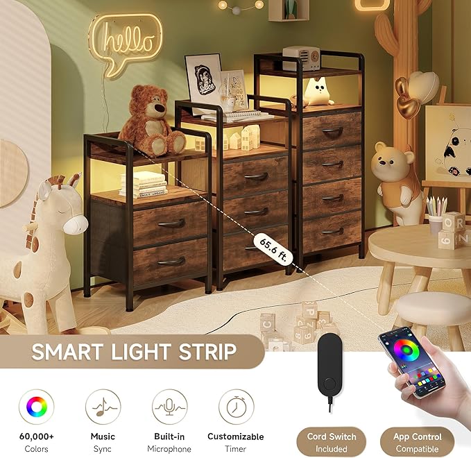 Lazzanto Night Stand Bedside Table Bedroom - Nightstand with Charging Station, Night Stand with LED Light Strip, End Table with U-S-B Ports & AC Outlets, Storage Shelf & 2 Fabric Drawers, Rustic Brown - Image 4