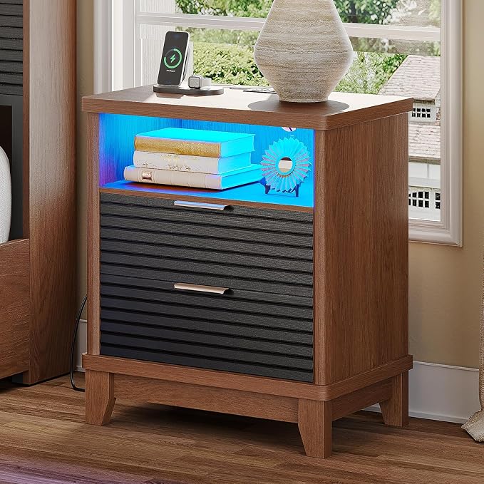 AOGLLATI Fluted Nightstand with Charging Station and 2 Drawers, Black Nightstand, Beside Table with Open Storage and Led Lights, Retro End Side Table for Bedroom, Black - Image 7