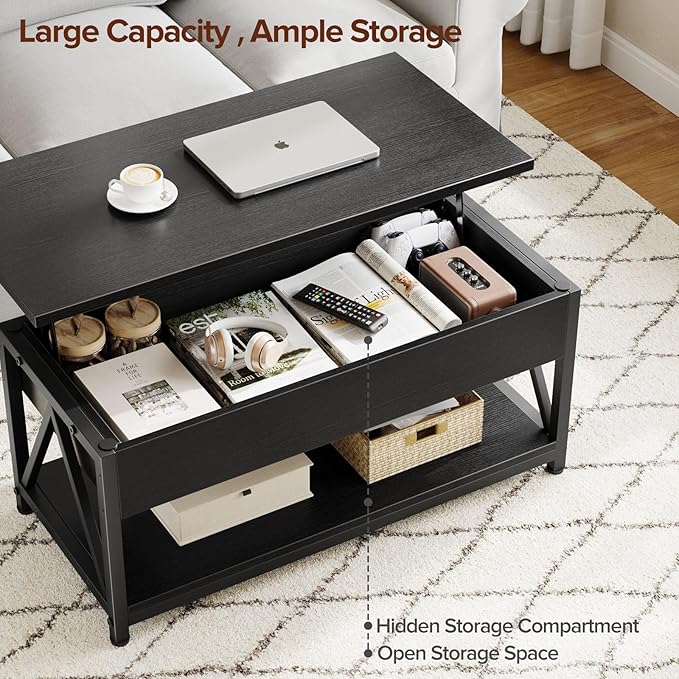 Lift Top Coffee Table,Lift Coffee Tables with Storage Shelf and Large Hidden Compartment for Living Room,Lift Tabletop Dining Center Table for Small Space, Black