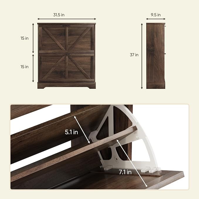 Semiocthome Farmhouse Shoe Storage Cabinet with 2 Flip Drawers, 31.5"(W) Freestanding Shoe Organizer with Barn Door and Metal Handles for Entryway, Corner Rustic Narrow Shoe Rack Cabinet - Walnut - Image 2