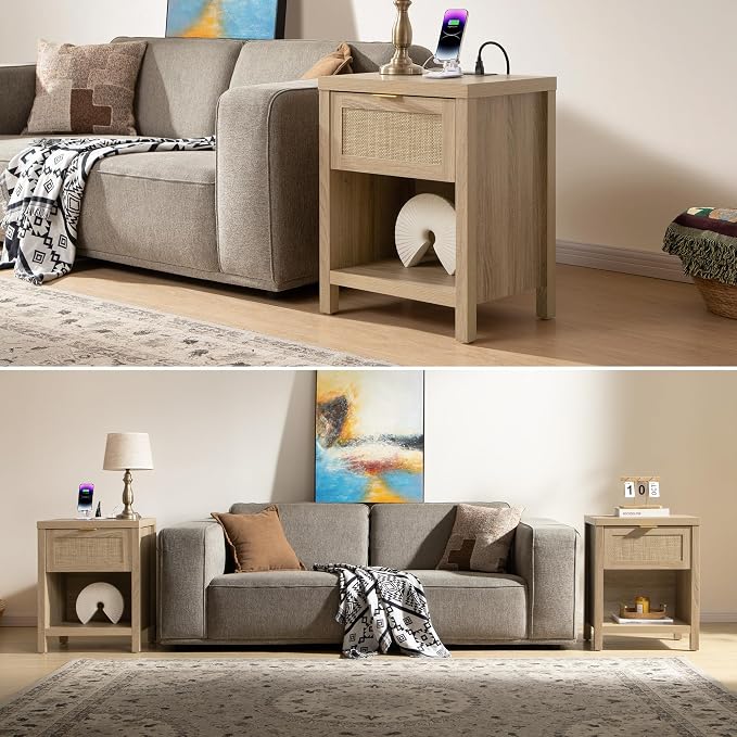 SICOTAS Night Stand with Charging Station - Rattan Nightstand with Type-C and USB Ports, Farmhouse Boho Bed Side Table with Drawer and Open Shelf for Bedroom Small Space, Light Oak - Image 6