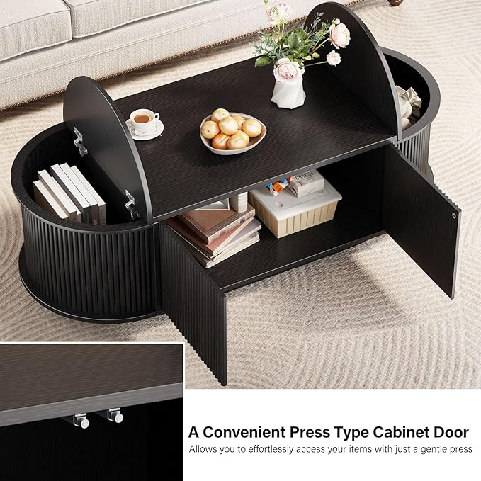 HSH Oval Coffee Table with Storage, 47” Modern Coffee Table with Press Type Door, Fluted Living Room Tables with 2 Flip-Top Hidden Lids, Wood Center Table for Living Room, Office, Black