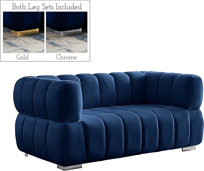 Meridian Furniture 670Navy-L Gwen Collection Modern | Contemporary Velvet Upholstered Loveseat with Deep Biscuit Tufting