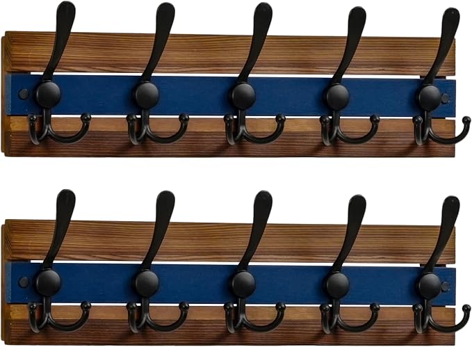 SKOLOO Rustic Wall Mounted Coat Rack - 16-7/8" Long Coat Hooks for Wall with 5 Triple Hooks for Hanging Coats, Hats or Tools, Western National Parks Collection, Wood Brown & Blue, Pack of 2 by SKOLOO