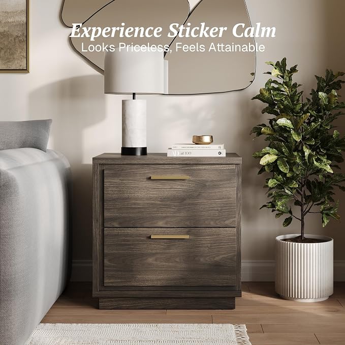 BELLEZE Nightstand Set of 2, 23.5" Wood End Table with 2 Drawers & Rose Gold Handles, Mid Century Modern Bedside Table with Pre-Assembled Drawer Slides for Bedroom, Brown - Image 4