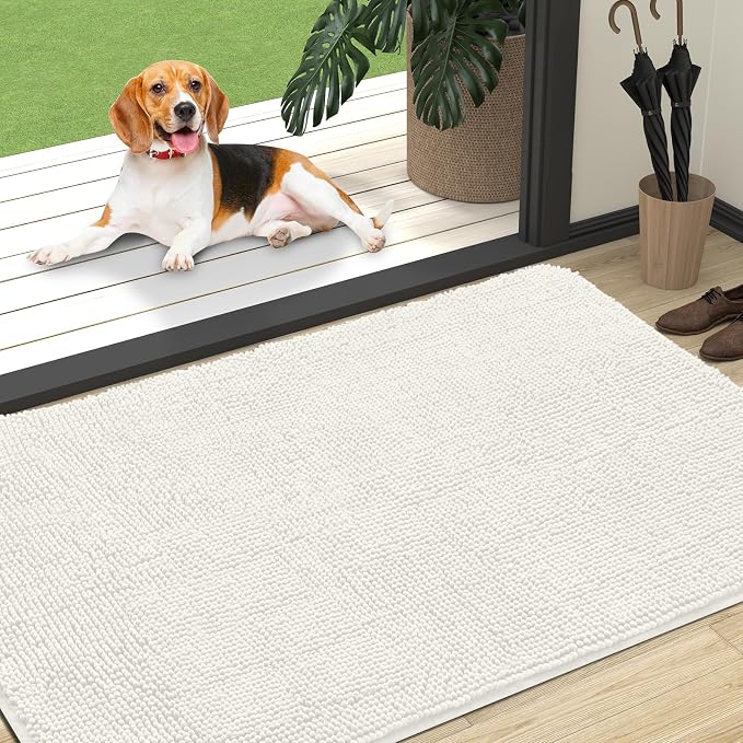 OLANLY Dog Door Mat for Muddy Paws 47x32, Absorbs Moisture and Dirt, Absorbent Non-Slip Washable Doormat, Quick Dry Chenille Mud Mat for Dogs, Entry Indoor Entryway Carpet for Inside Floor, Ivory by OLANLY